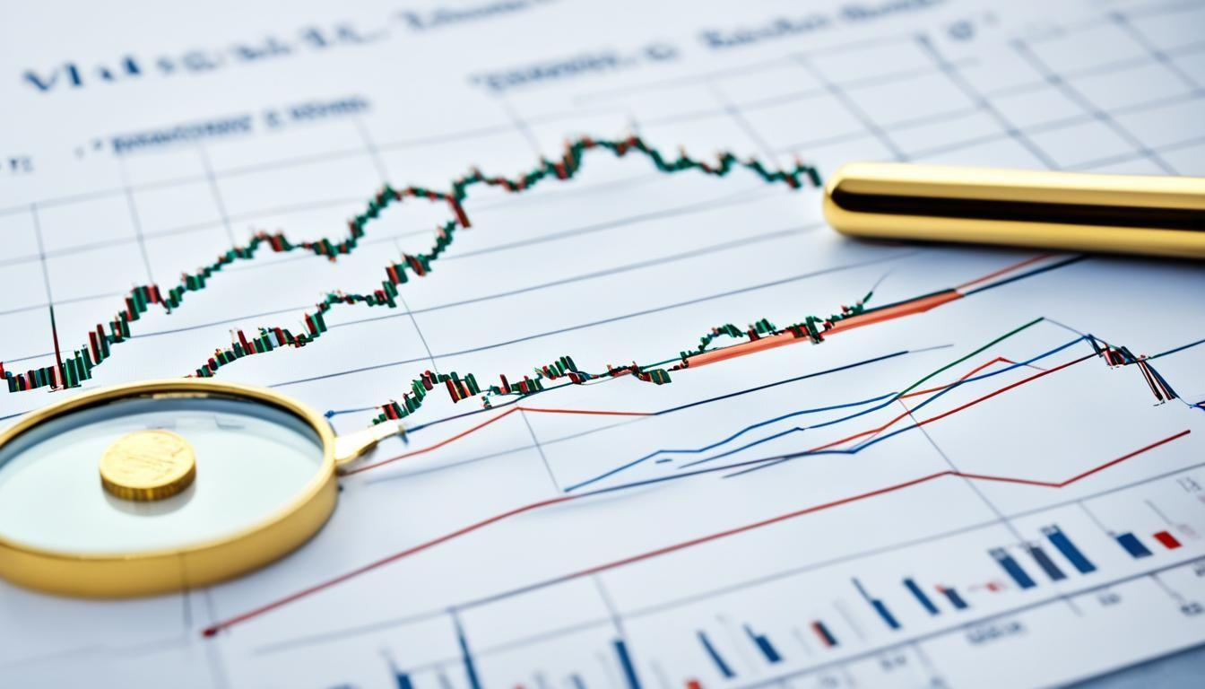Stock market chart with magnifying glass and pen, analyzing financial trends and data