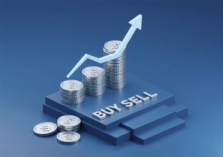 Image with the text buy, sell, illustrating margin trading mechanics—how trading on margin amplifies position size by borrowing funds