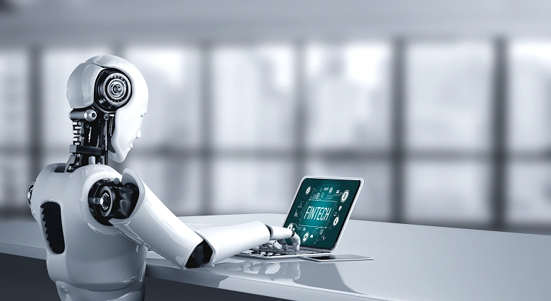 Humanoid robot interacting with a fintech interface, symbolizing automation in forex day trading.