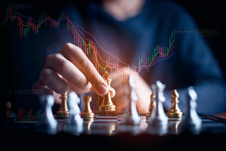 Person playing chess overlaid with market chart, representing strategic thinking in forex day trading.