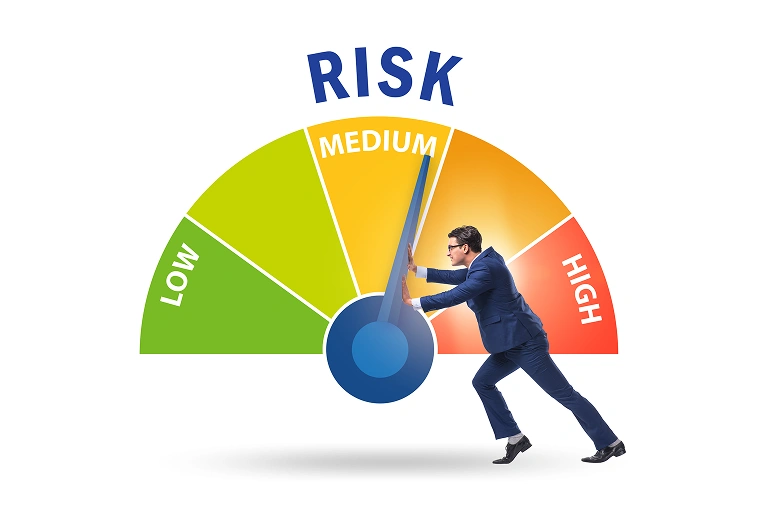 Man pushing dial from medium to high risk, highlighting risk awareness in day trading forex.