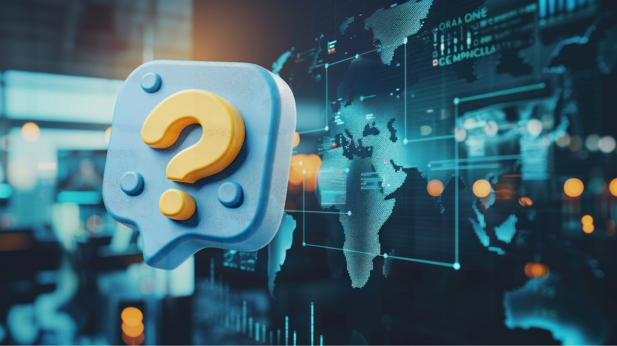 A stylized 3D speech-bubble icon with a prominent yellow question mark floats in the foreground. Behind it, a semi-transparent digital world map and interconnected data nodes are projected on a darkened, glass-paneled background, suggesting global data visualization and inquiry for trading strategies.’