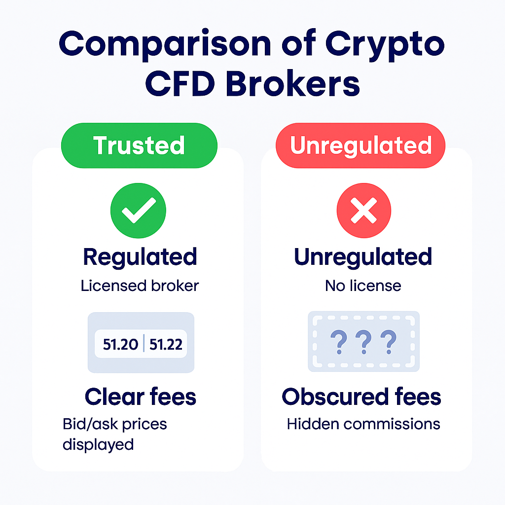 Breakdown of typical crypto CFD broker fees including spreads, overnight charges, and trading commissions.