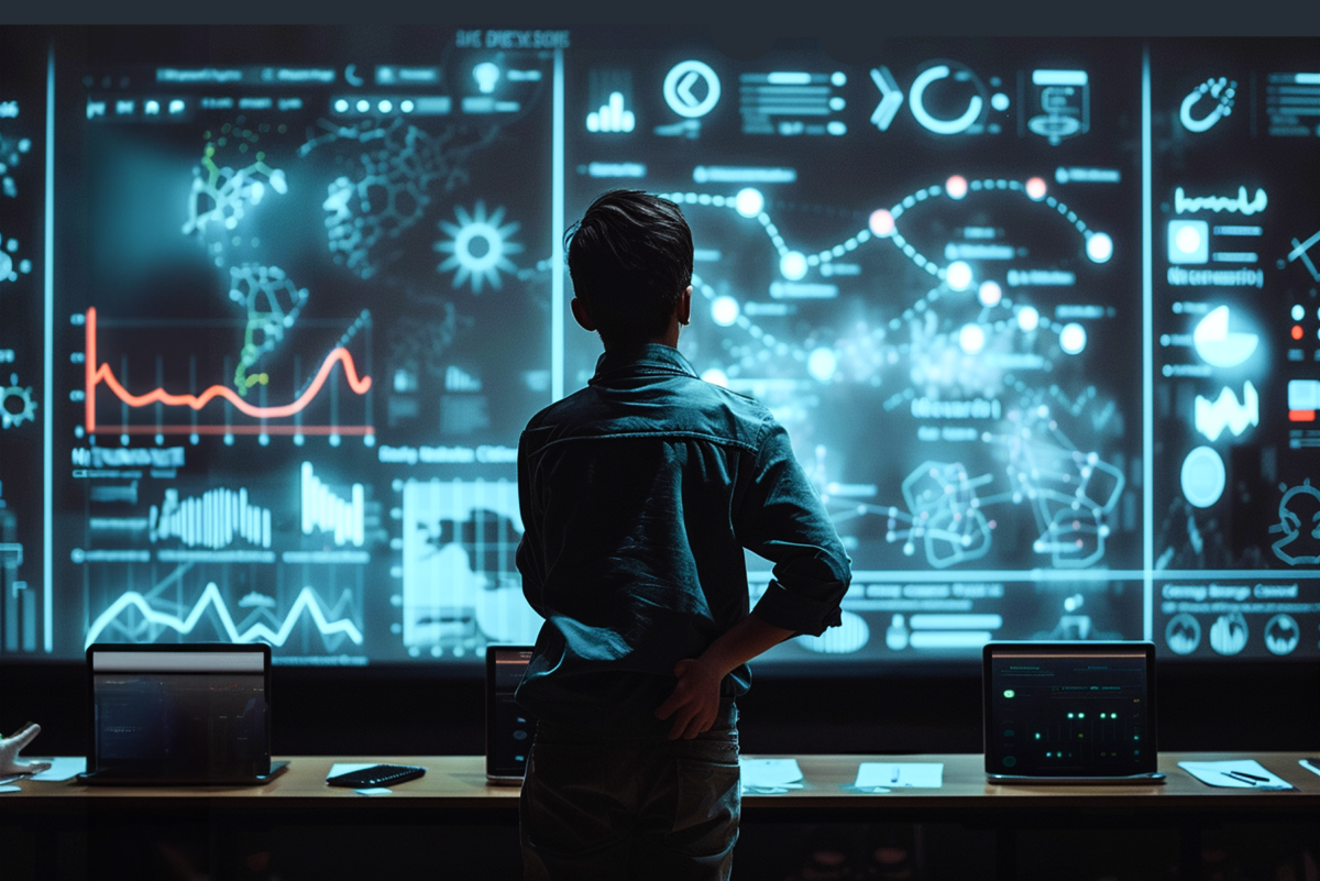 A man stands with his hands on his hips facing a large digital dashboard wall displaying interconnected data visualizations, line and bar charts, and assorted analytics. Three laptop screens sit on the desk in front of him, each showing additional data and dashboards, showing how sophisticated day trading can be.