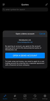 Dark mode mobile app interface showing 'Open A Demo Account' option for trading platform