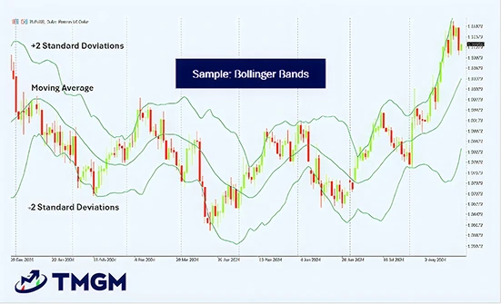 Bollinger bands chart showing price movement, moving average, and standard deviations for financial analysis