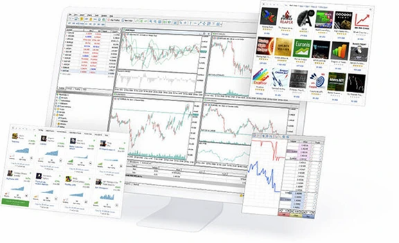 Financial trading platform interface with charts, graphs, and market analysis tools