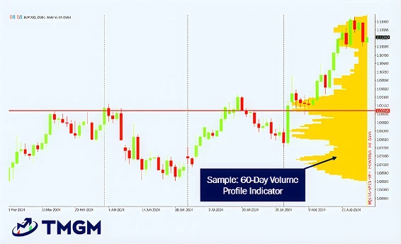 Stock chart with 60 day volume profile indicator, showing price movements and tmgm logo