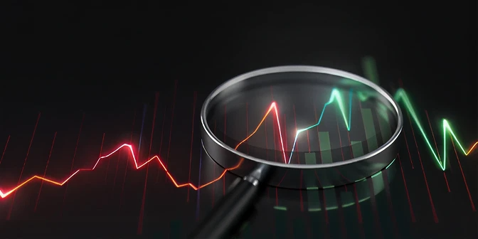 Magnifying glass examining stock market graph with red and green trend lines