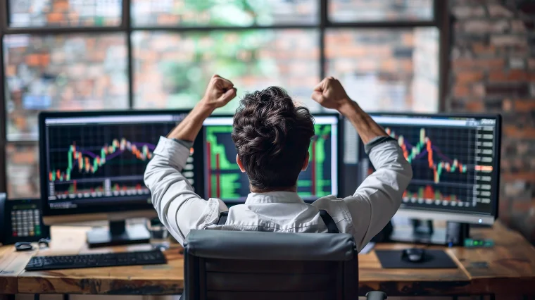 Man celebrating in front of trading monitors showing market charts, representing success in CFD trading