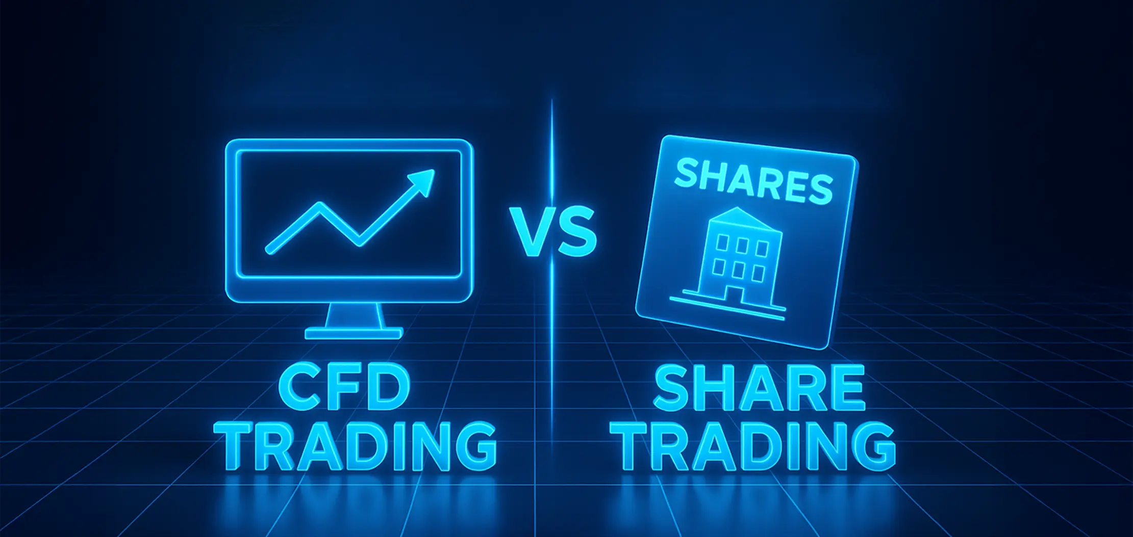 Blue neon split graphic showing CFD trading on the left and share trading on the right with a central VS, illustrating the CFD versus share comparison