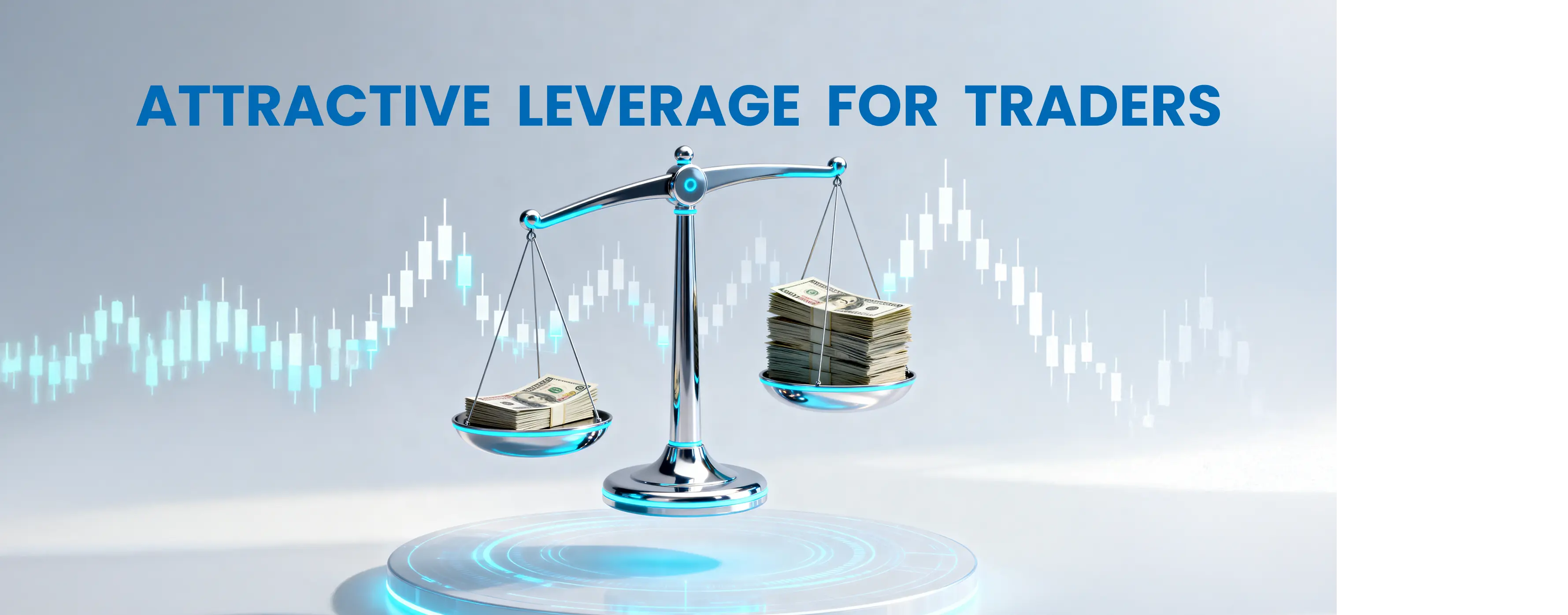 Scales holding stacks of US dollars with a faint candlestick chart background under the headline Attractive Leverage for Traders, illustrating trading leverage