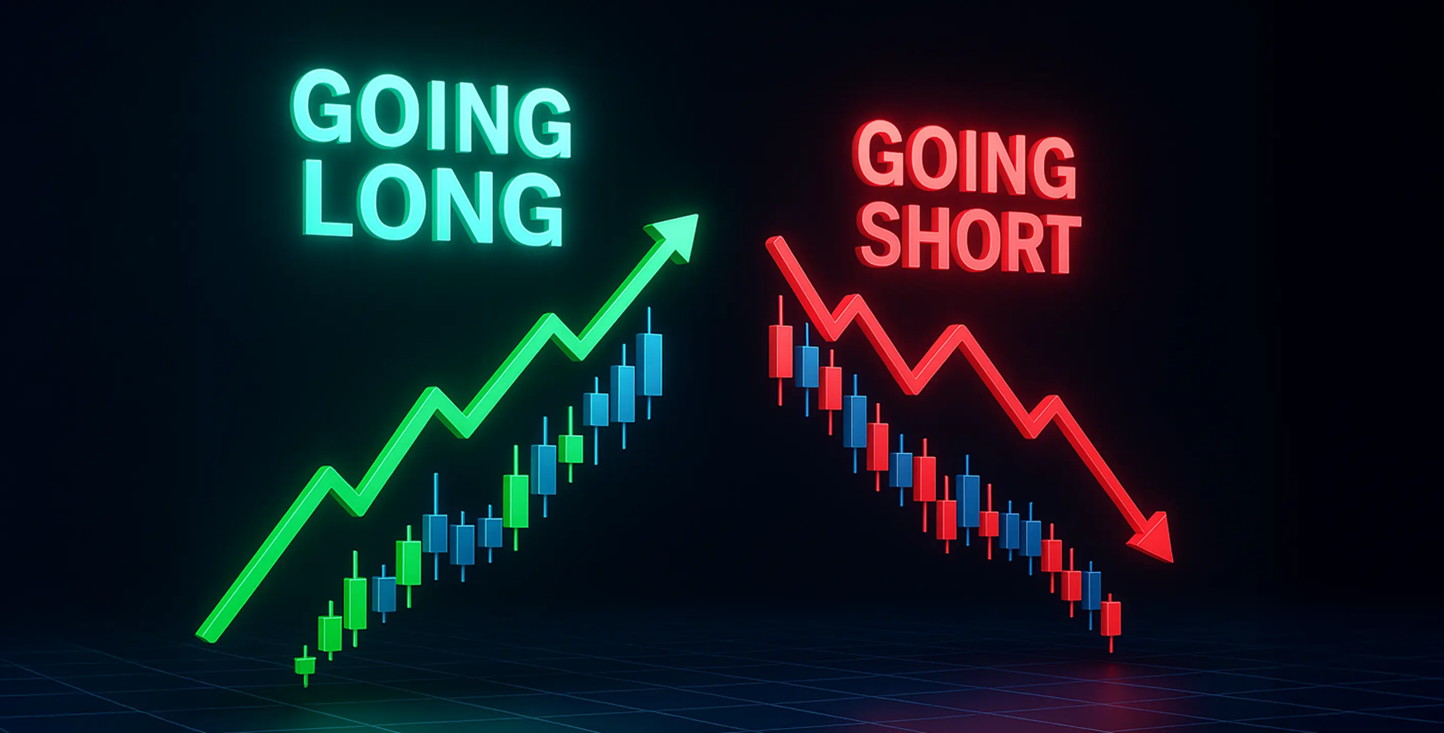 Neon Going Long green up arrow and Going Short red down arrow over candlestick charts, illustrating buy versus sell positions in CFD trading