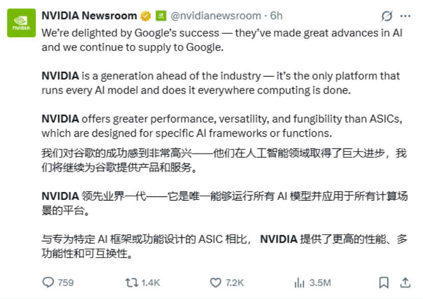 周末私函“逐条”反驳“大空头”，周二发帖“自证”领先谷歌，英伟达有点慌了？