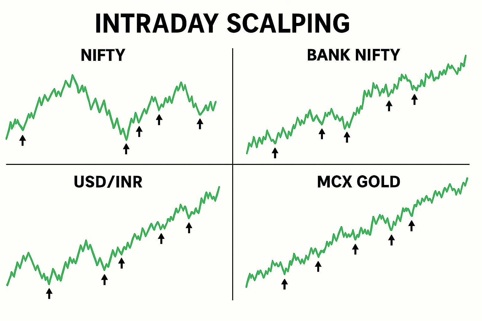 Illustration of NIFTY, BANK NIFTY, USD INR and MCX Gold intraday charts with scalping setups