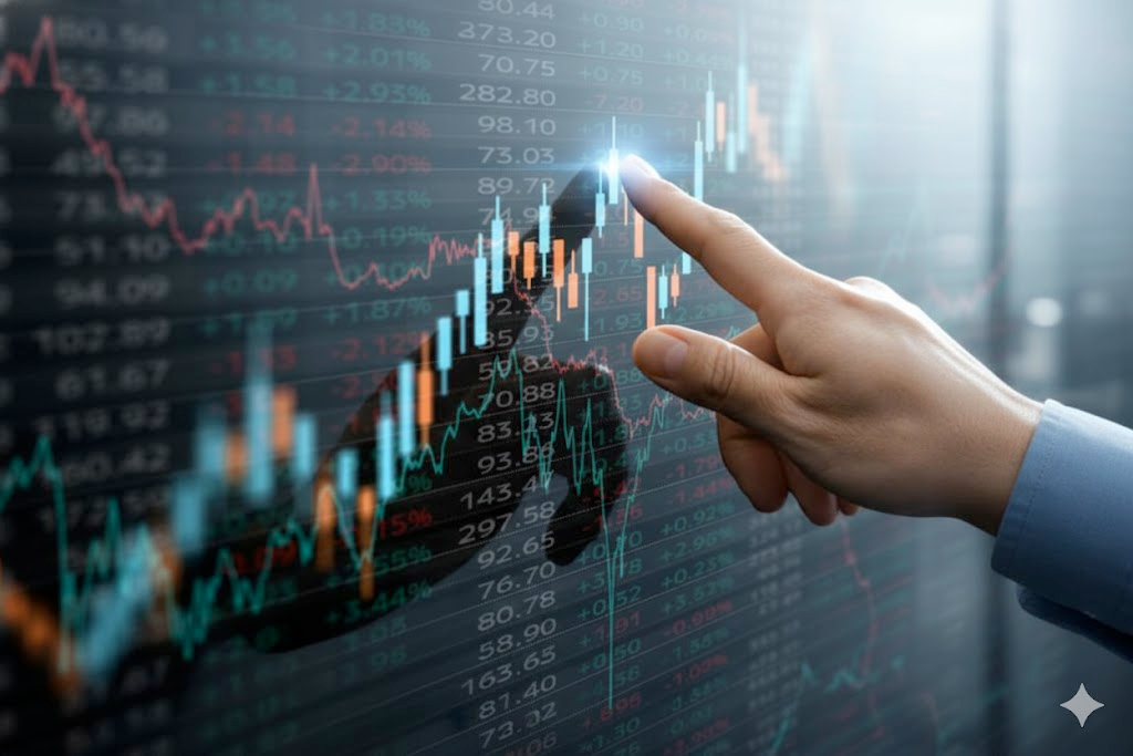 Trader’s hand pointing at a digital price chart with candlesticks and lines while analysing market movement