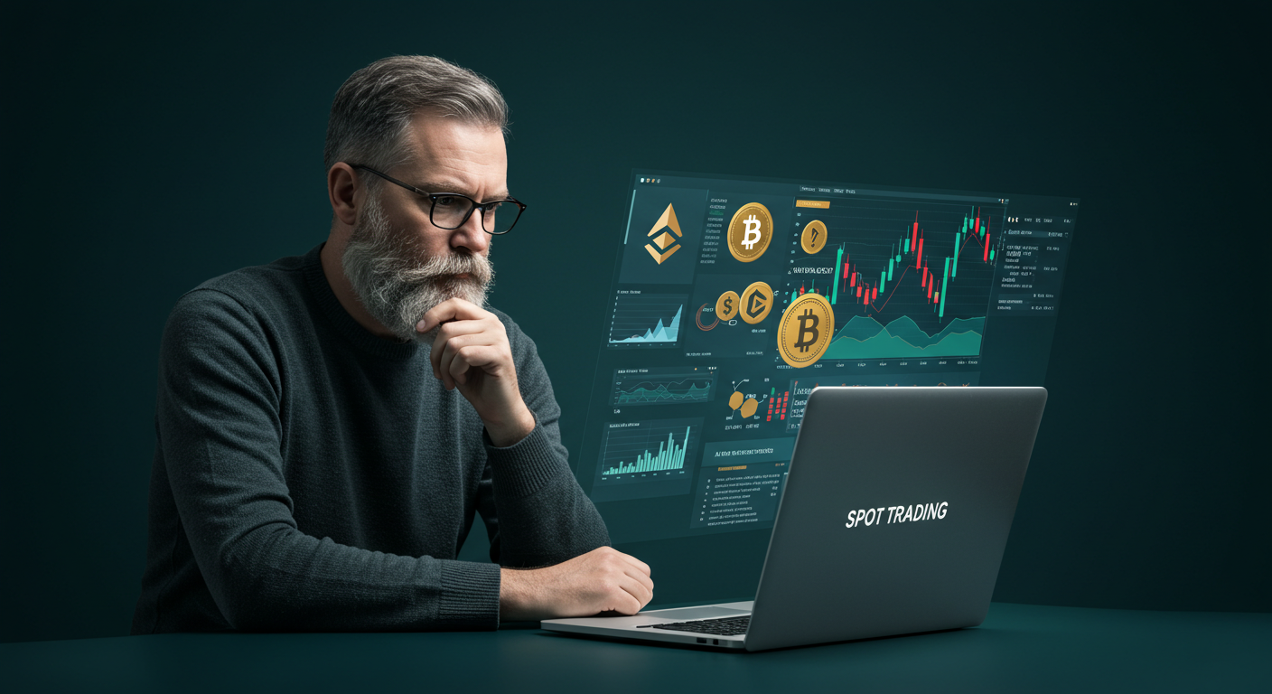 Bearded man intently analyzing cryptocurrency spot trading charts—Bitcoin and Ethereum price graphs—on a laptop labeled ‘SPOT TRADING’ with a holographic market display in the background.