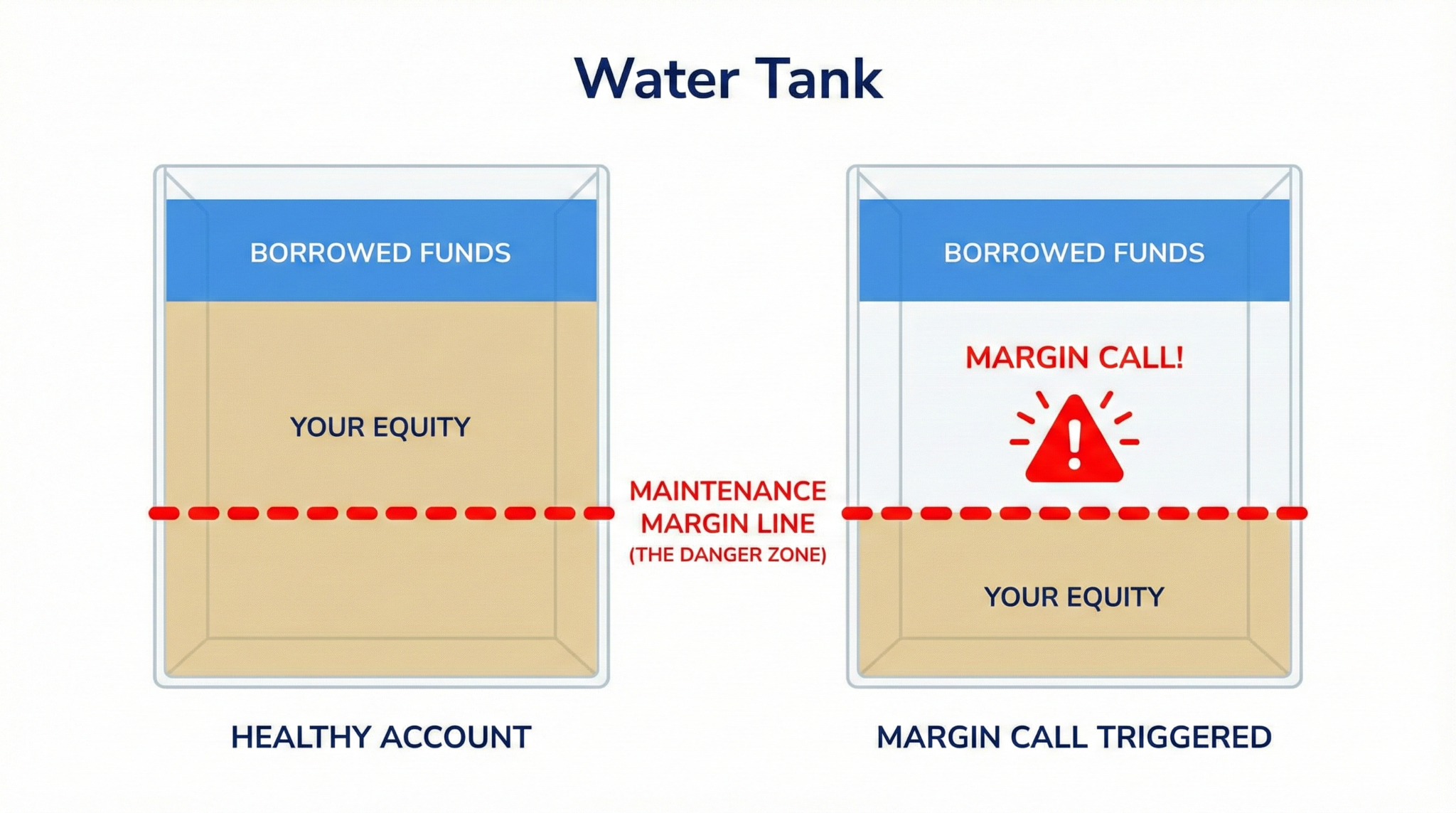 Comparison table between margin and spot trading, contrasting the use of borrowed funds and high leverage in margin trading against the 100% own-funding and lower risk of spot trading.