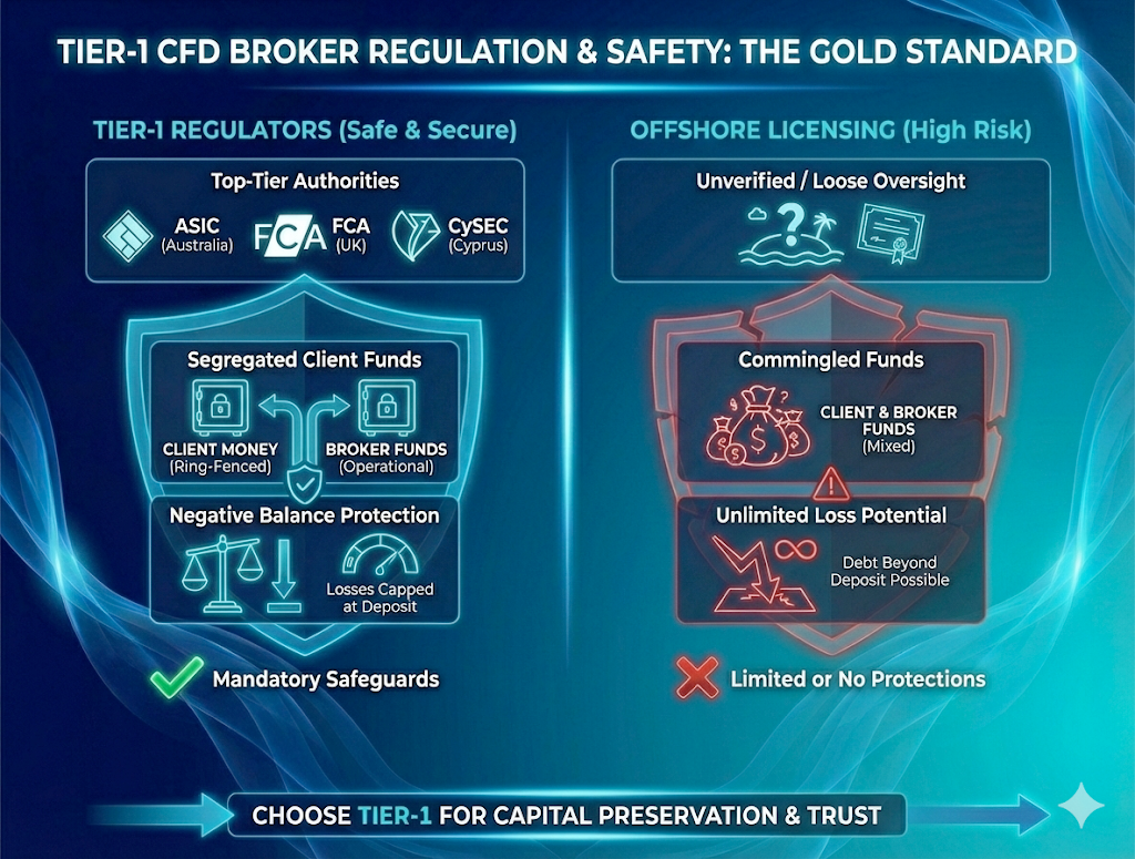 Infographic comparing Tier-1 CFD broker regulation versus offshore licensing. It highlights the safety of top-tier regulators like ASIC and FCA, showing safeguards like segregated client funds and negative balance protection, contrasted against the high risks of offshore, unverified brokers.