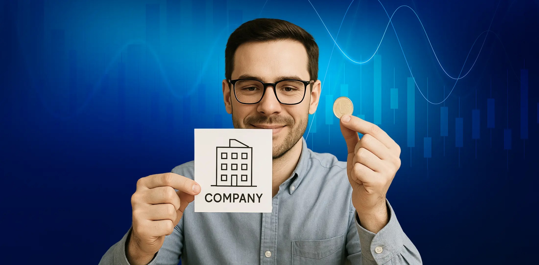 Man smiling while holding a company card and a coin against a blue candlestick chart background, symbolising investing and share positions