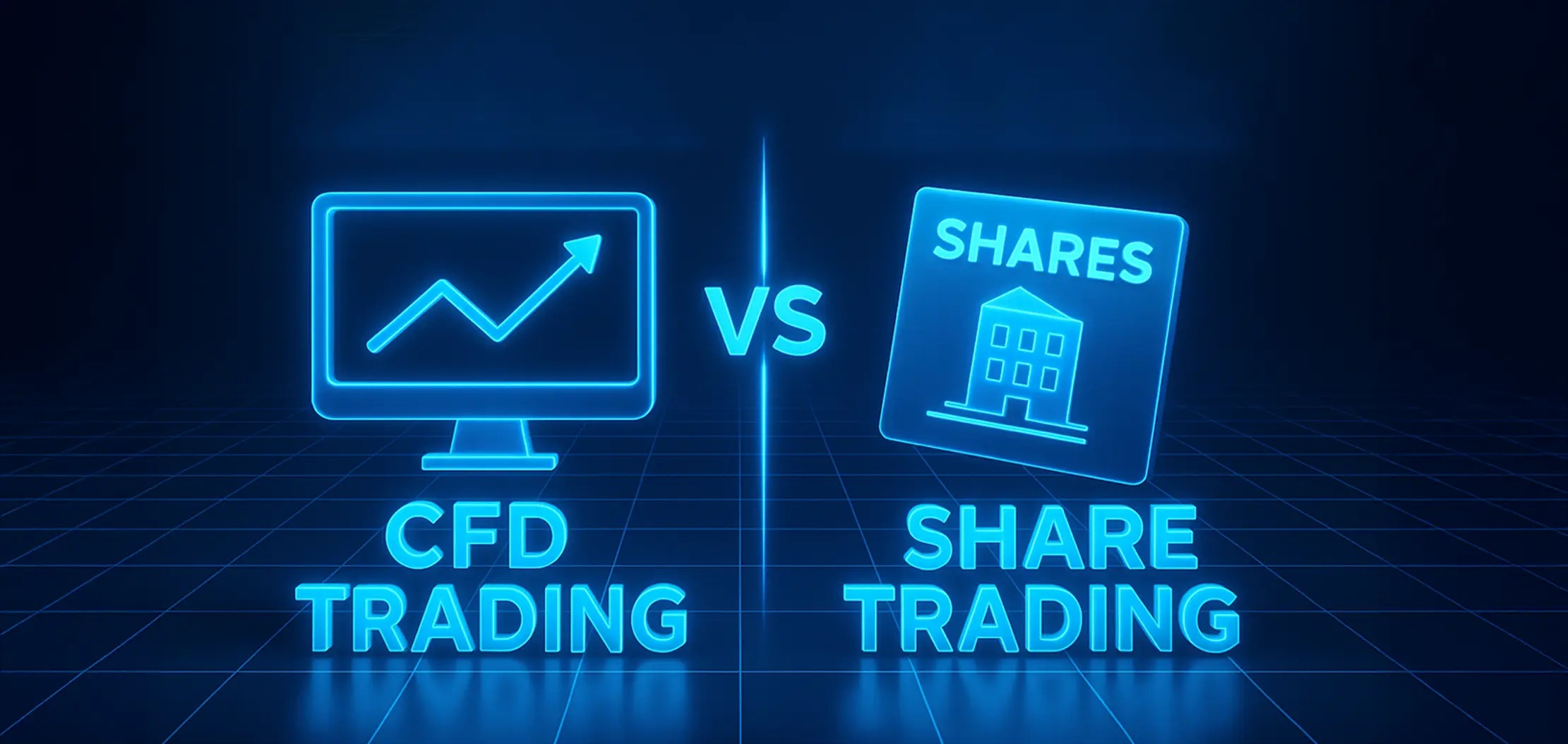 Blue neon split graphic showing CFD trading on the left and share trading on the right with a central VS, illustrating the CFD versus share comparison
