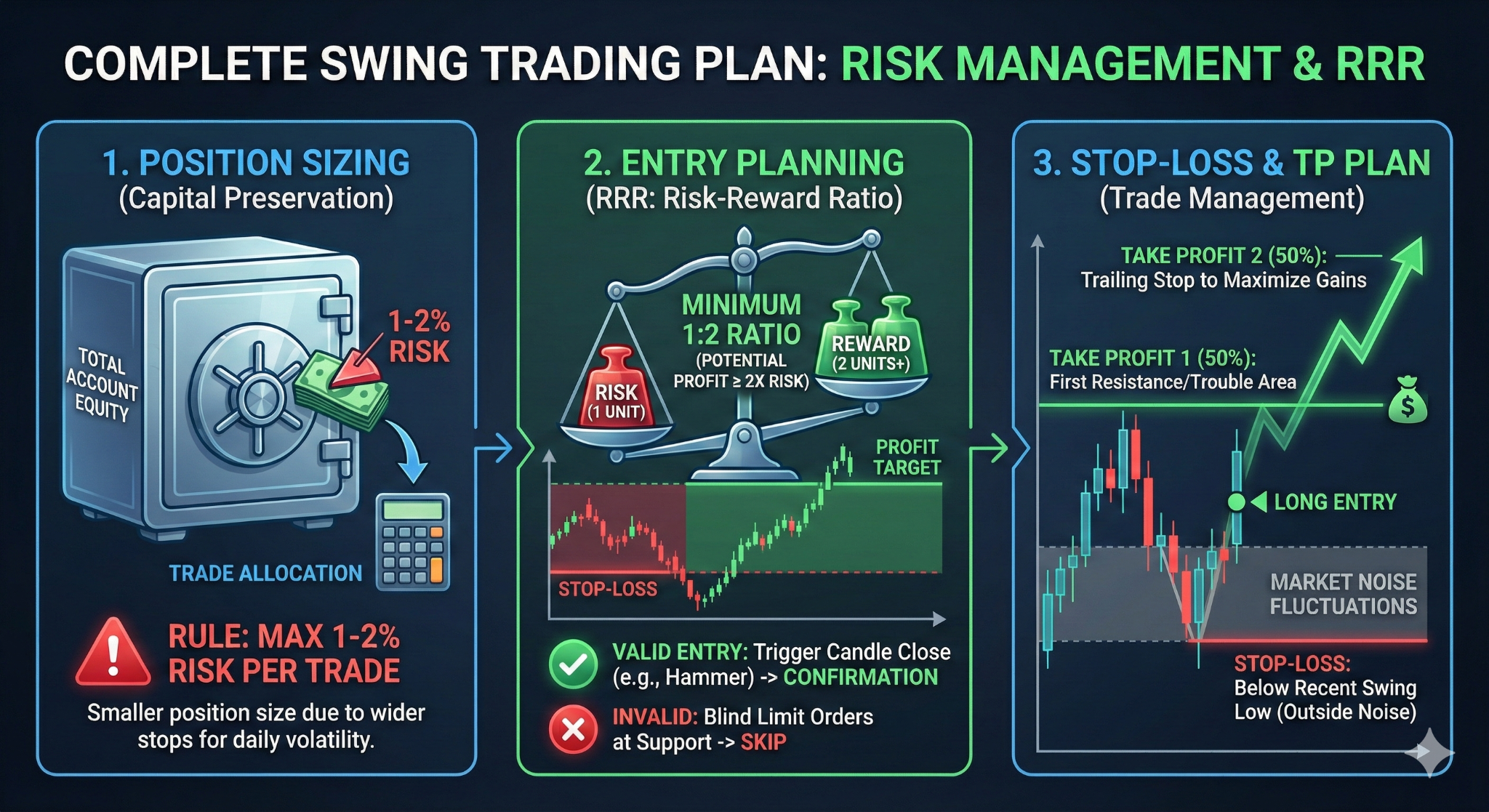 TMGM infographic outlining a Complete Swing Trading Plan focused on Risk Management and RRR. It details three steps: Position Sizing with a strict 1-2% risk rule, Entry Planning requiring a minimum 1:2 Risk-Reward Ratio, and a Stop-Loss & TP Plan with specific placement strategies for trade management.