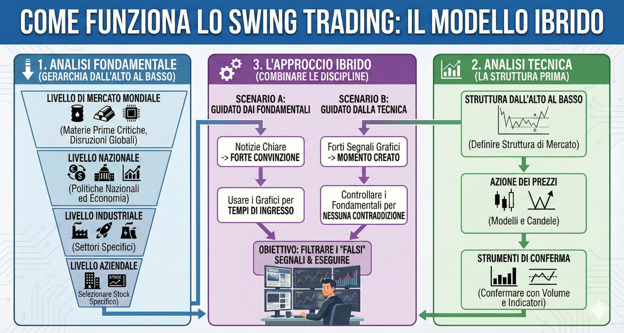 Infografica del flusso di lavoro intitolata 'Come funziona lo Swing Trading: Il Modello Ibrido'. L'immagine è divisa in tre sezioni: a sinistra, l'Analisi Fondamentale mostra una gerarchia top-down dal mercato globale al livello aziendale; a destra, l'Analisi Tecnica illustra la struttura di mercato, la price action e gli strumenti di conferma; al centro, l'Approccio Ibrido visualizza come combinare le notizie economiche e i segnali grafici per filtrare i falsi segnali ed eseguire il trade.