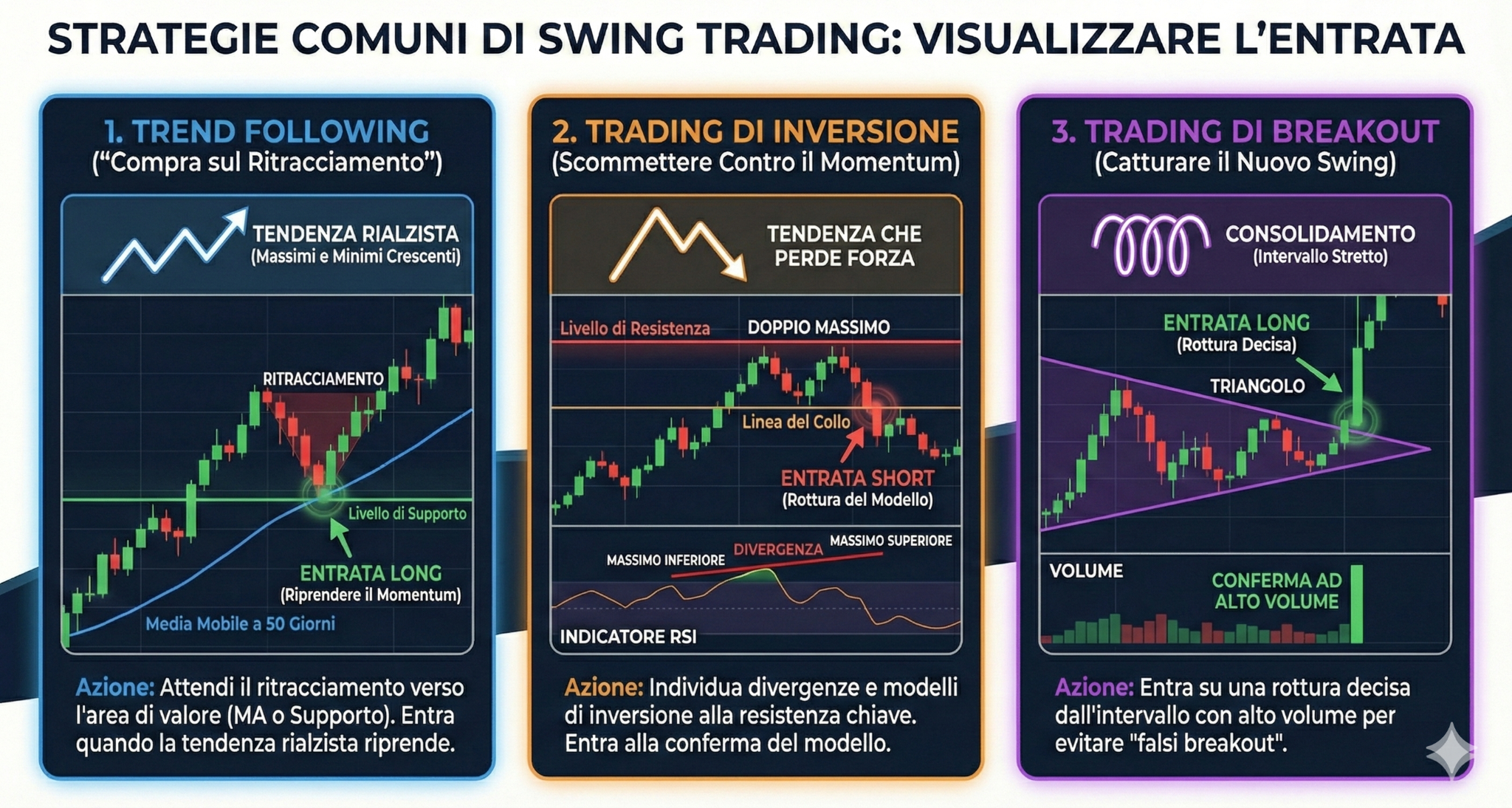 Infografica sulle 'Strategie Comuni di Swing Trading: Visualizzare l'Entrata' che mostra tre setup grafici. Il primo, 'Trend Following' (Seguire il Trend), mostra un trend rialzista con un'entrata long su un ritracciamento (pullback) verso un'area di valore come la media mobile. Il secondo, 'Trading di Inversione', illustra un pattern di 'Doppio Massimo' (Double Top) con divergenza RSI, indicando un'entrata short alla rottura della neckline. Il terzo, 'Trading di Breakout', mostra un prezzo in consolidamento all'interno di un triangolo, con un'entrata long su una rottura decisa accompagnata da alti volumi.