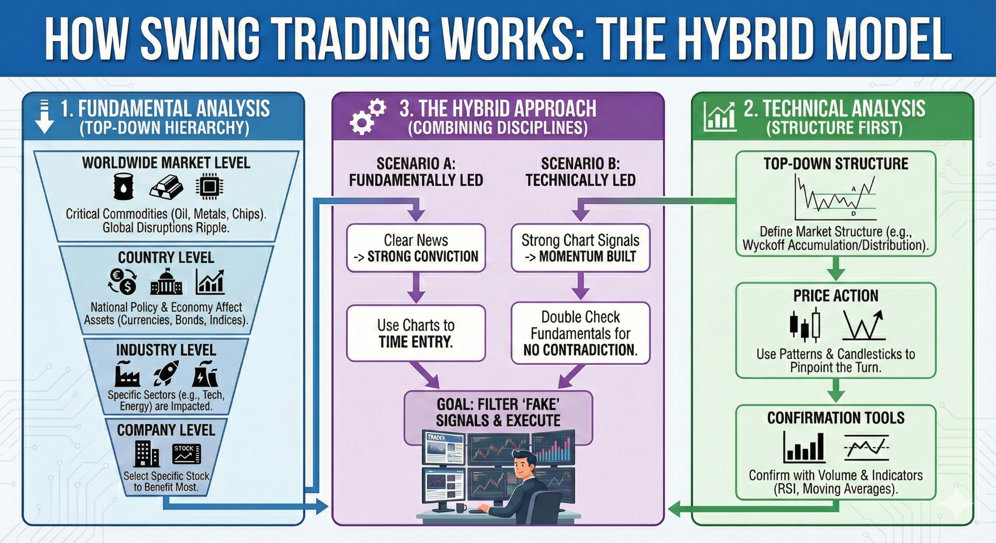 TMGM infographic titled "How Swing Trading Works: The Hybrid Model," explaining a three-part process. Section 1 outlines Fundamental Analysis with a top-down hierarchy from Worldwide Market Level to Company Level. Section 2 details Technical Analysis, prioritizing Market Structure and Price Action over Confirmation Tools. Section 3 illustrates The Hybrid Approach, combining fundamental conviction with technical timing to filter signals and execute trades.