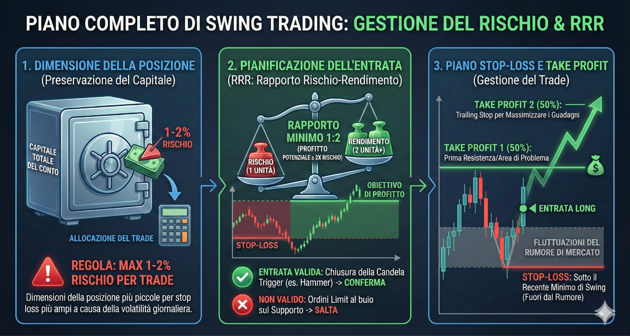 Infografica intitolata 'Piano Completo di Swing Trading: Gestione del Rischio & RRR' divisa in tre fasi. La fase 1, 'Dimensione della Posizione', mostra una cassaforte e consiglia un rischio massimo dell'1-2% per operazione per preservare il capitale. La fase 2, 'Pianificazione dell'Entrata', illustra una bilancia che pesa il rischio (1 unità) contro il rendimento (2 unità o più), suggerendo un rapporto minimo di 1:2. La fase 3, 'Piano Stop-Loss e Take Profit', visualizza un grafico con una strategia di uscita scaglionata (Take Profit al 50% su due livelli) e uno Stop-Loss posizionato sotto il minimo recente per evitare le fluttuazioni del rumore di mercato.