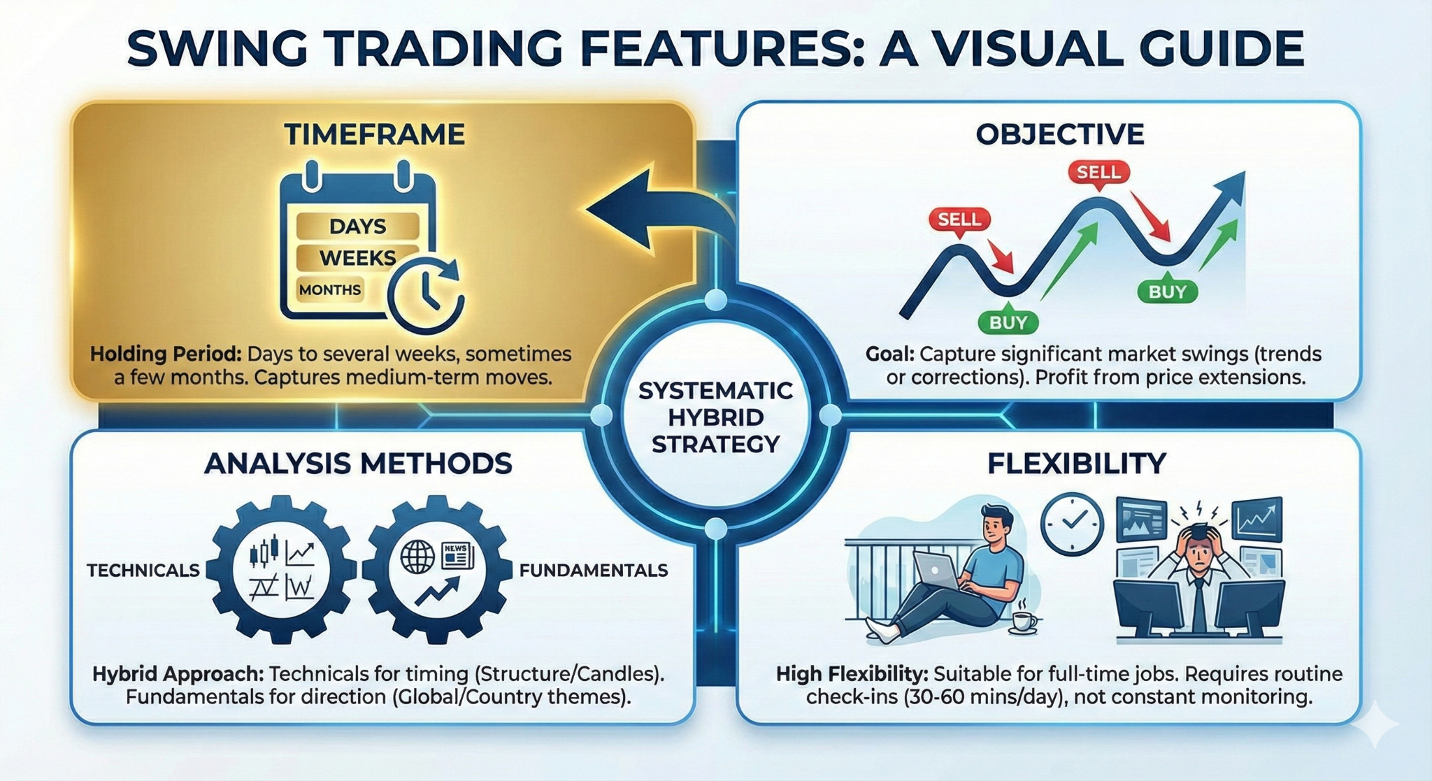 TMGM visual guide depicting key Swing Trading Features. It highlights four aspects: Timeframe (holding for days to weeks), Objective (capturing market swings), Analysis Methods (a systematic hybrid strategy of technicals and fundamentals), and Flexibility (suitable for full-time jobs with routine check-ins).