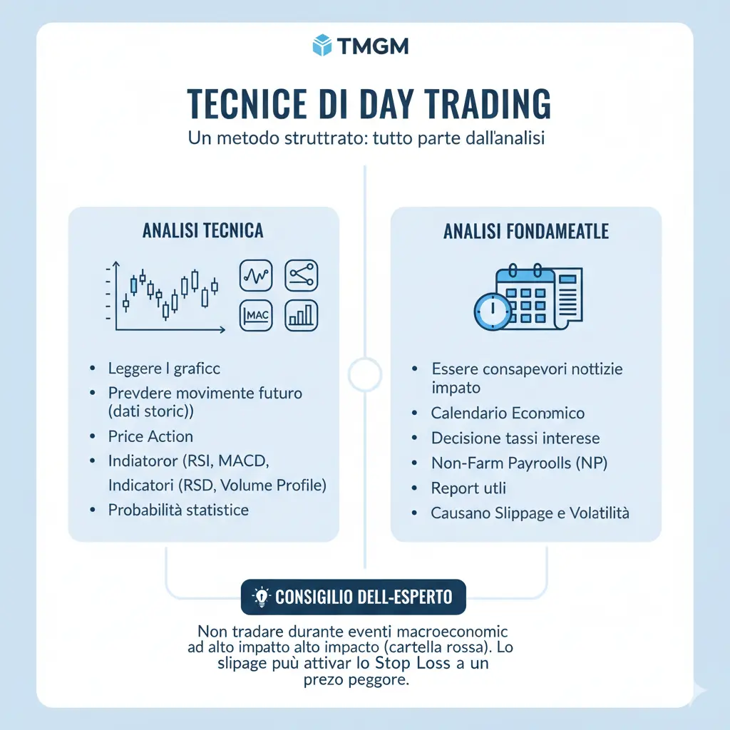 Guida alla metodologia del day trading. Confronta l'obiettivo principale dell'analisi tecnica basata sull'azione dei prezzi, indicatori come RSI, MACD e analisi del volume con la necessaria conoscenza dell'analisi fondamentale e delle notizie del calendario economico.