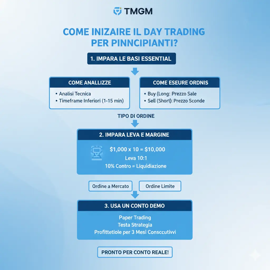 Guida con diagramma di flusso su come iniziare a fare day trading per principianti. Comprende le nozioni di base, l'esecuzione di ordini di acquisto e vendita con diverse tipologie di ordine, come ordini di mercato e ordini limite, la comprensione dei rischi di margine e leva finanziaria e la pratica su un conto demo.