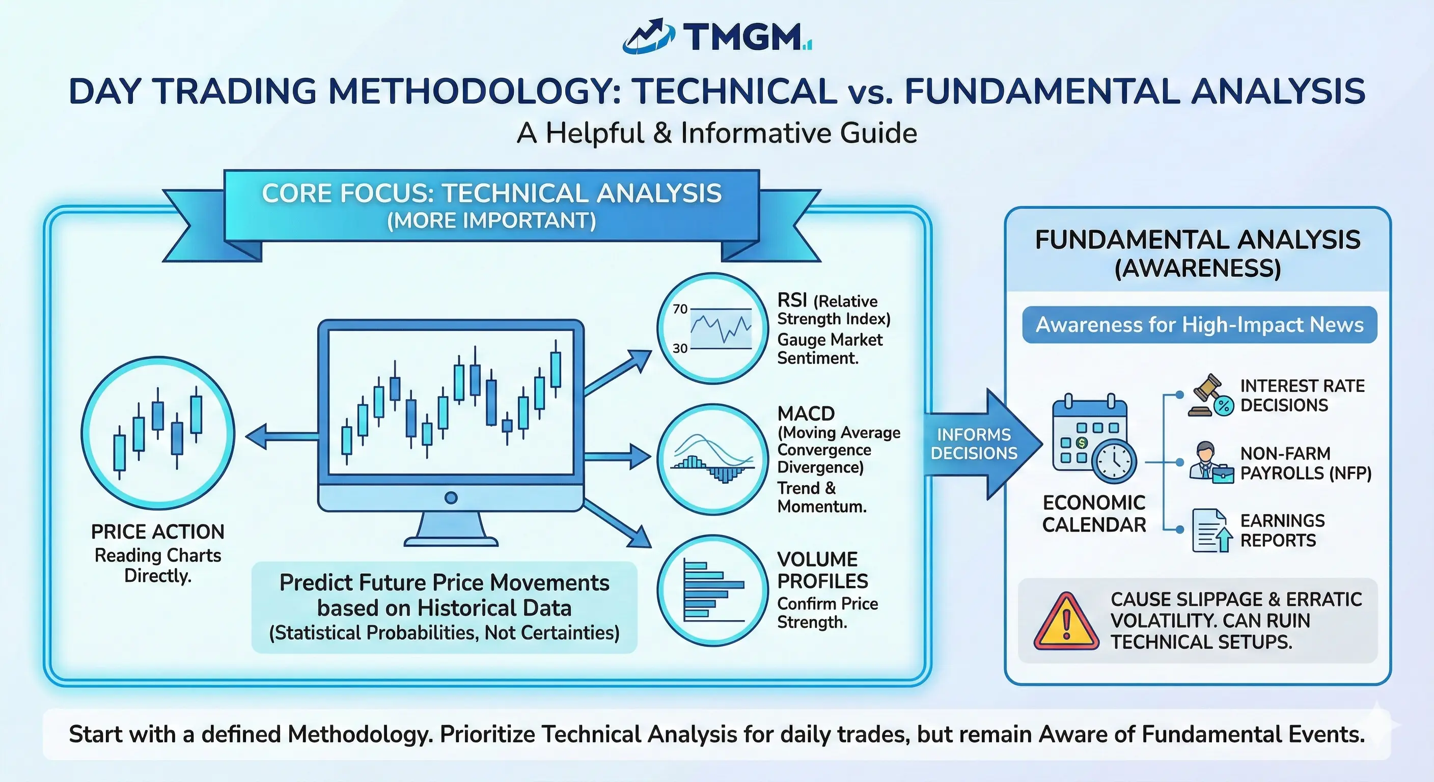 Day trading methodology guide. Compares the core focus of technical analysis using price action, indicators like RSI, MACD, volume analysis against the necessary awareness of fundamental analysis and economic calendar news.