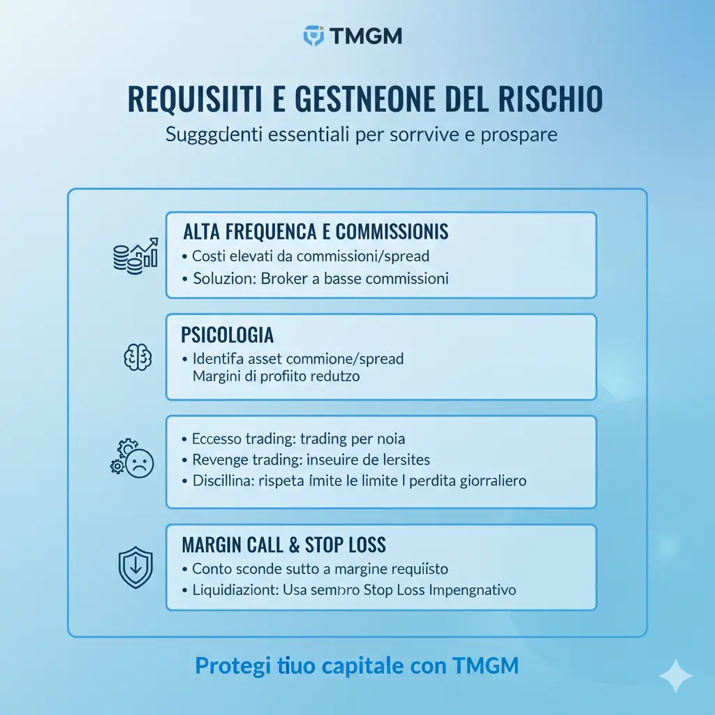 Requisiti del day trading e gestione del rischio. Guida visiva che spiega le commissioni del trading ad alta frequenza, la psicologia del trading per evitare l'overtrading o il revenge trading e come prevenire una margin call utilizzando uno stop loss rigido.