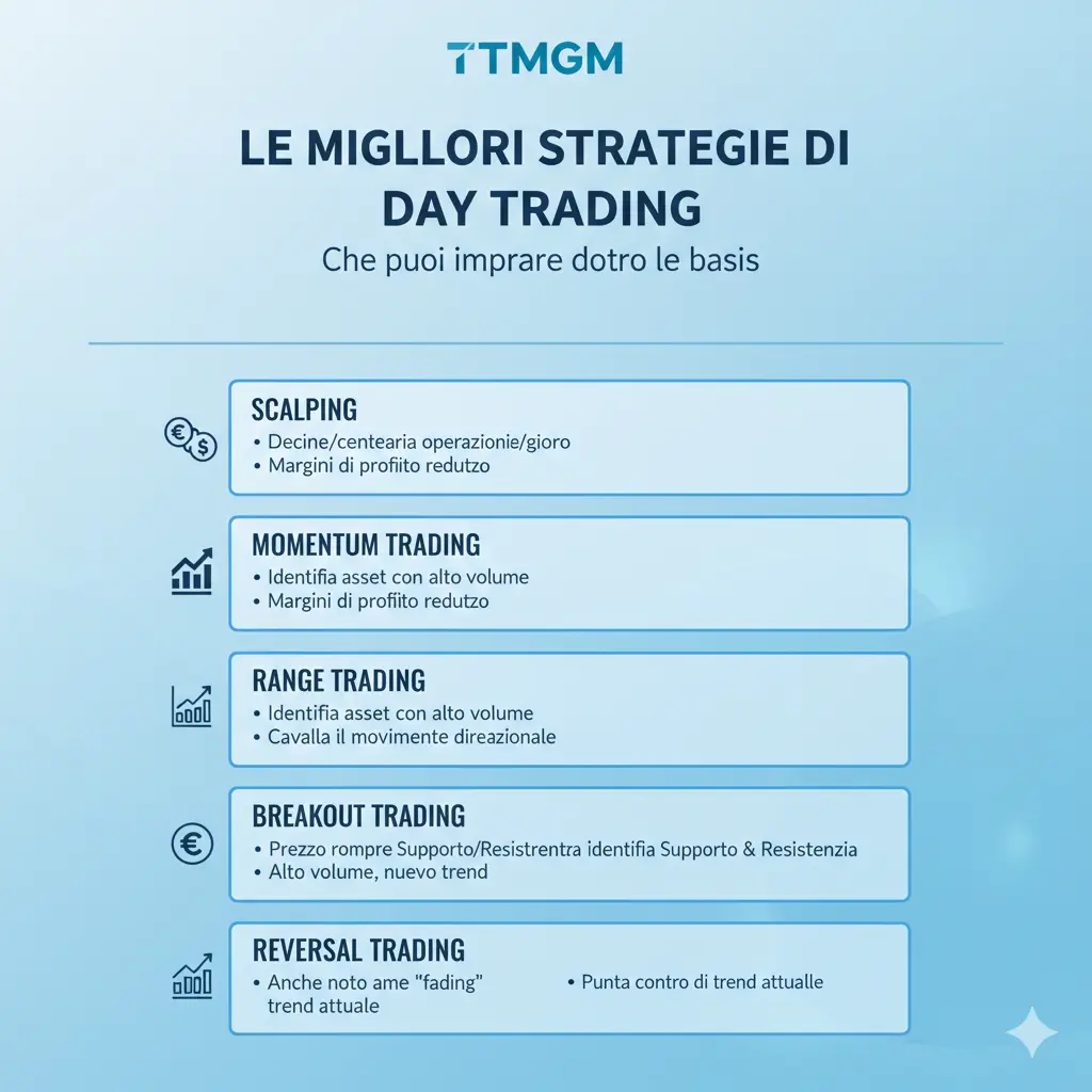 Elenco delle migliori strategie di day trading. Definisce i metodi chiave, tra cui scalping, momentum trading, range trading, breakout trading e reversal trading.