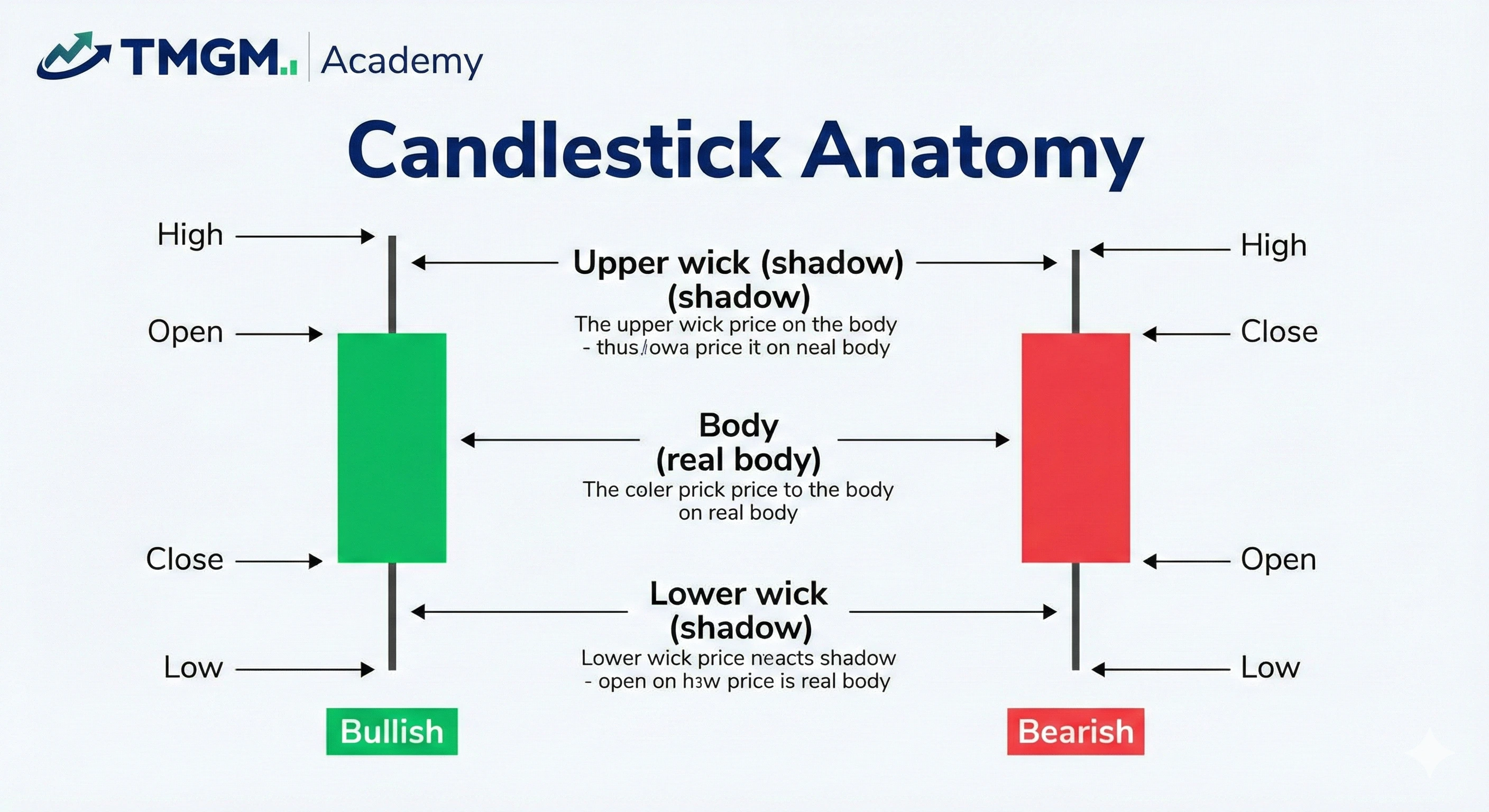 TMGM Academy infographic explaining candlestick anatomy, labeling the open, close, high, and low price points across the wick and body of bullish and bearish candles.