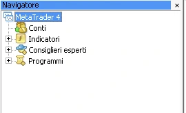 Pannello Navigatore di MetaTrader 4 con conti, indicatori e Expert Advisor