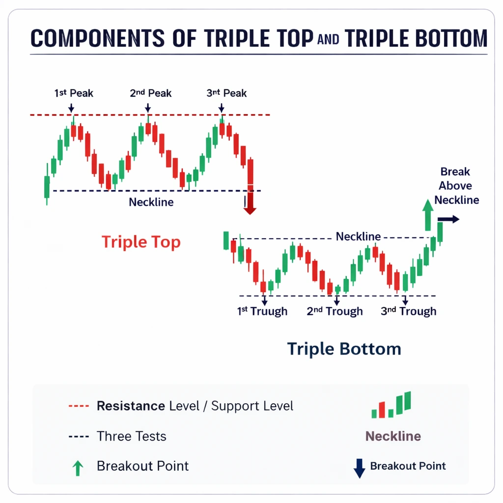 TMGM Academy chart showing the components of triple top and triple bottom patterns, including peaks, troughs, neckline levels, and breakout points