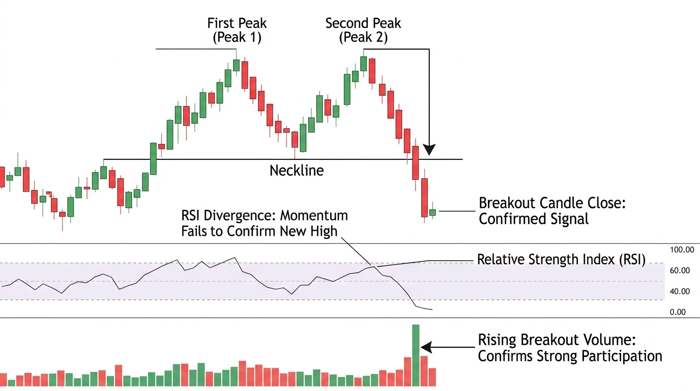 Double top or double bottom chart pattern with RSI divergence and rising volume at breakout confirmation