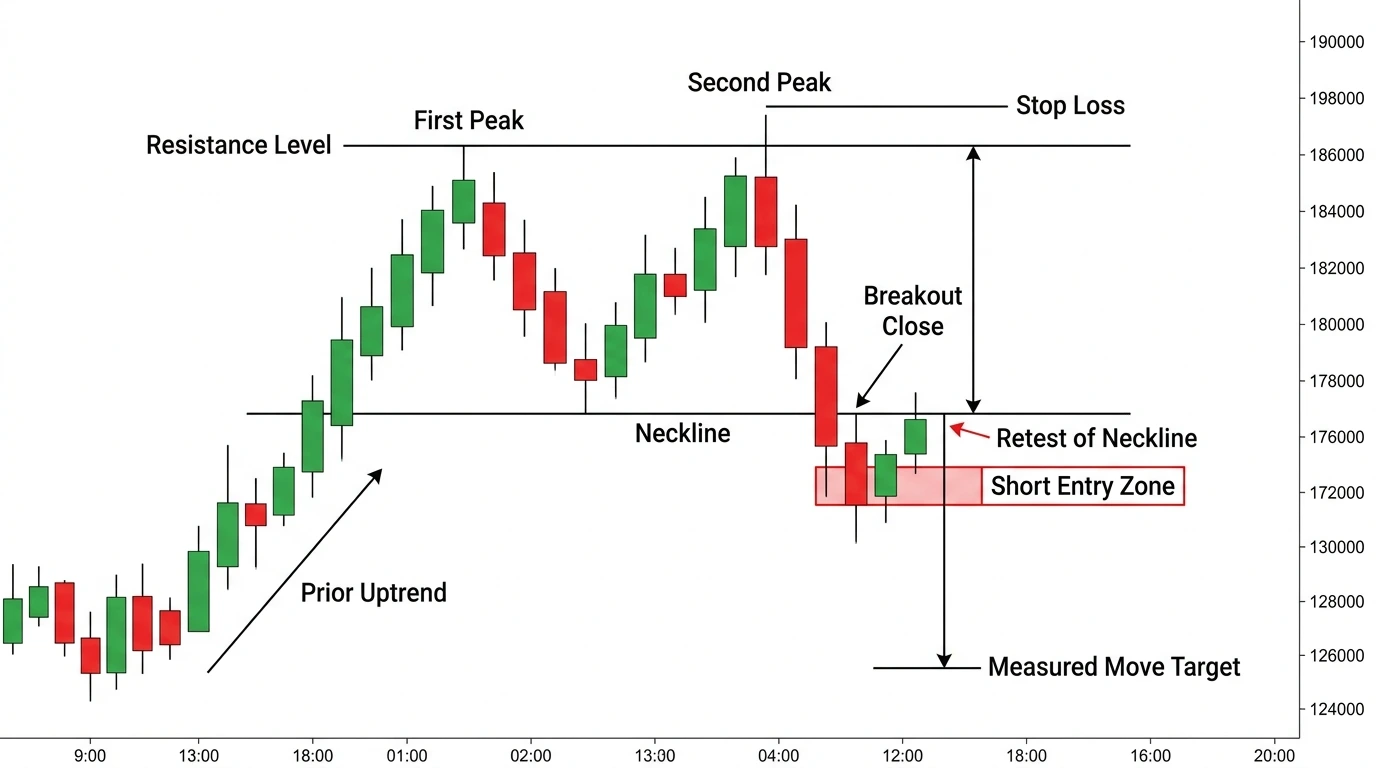 Annotated double top chart pattern with first peak, second peak, neckline break, entry, stop loss, and measured target