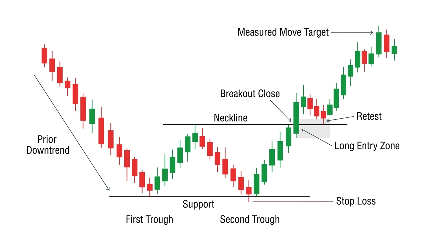 Annotated double bottom chart pattern with first trough, second trough, neckline break, entry, stop loss, and measured target