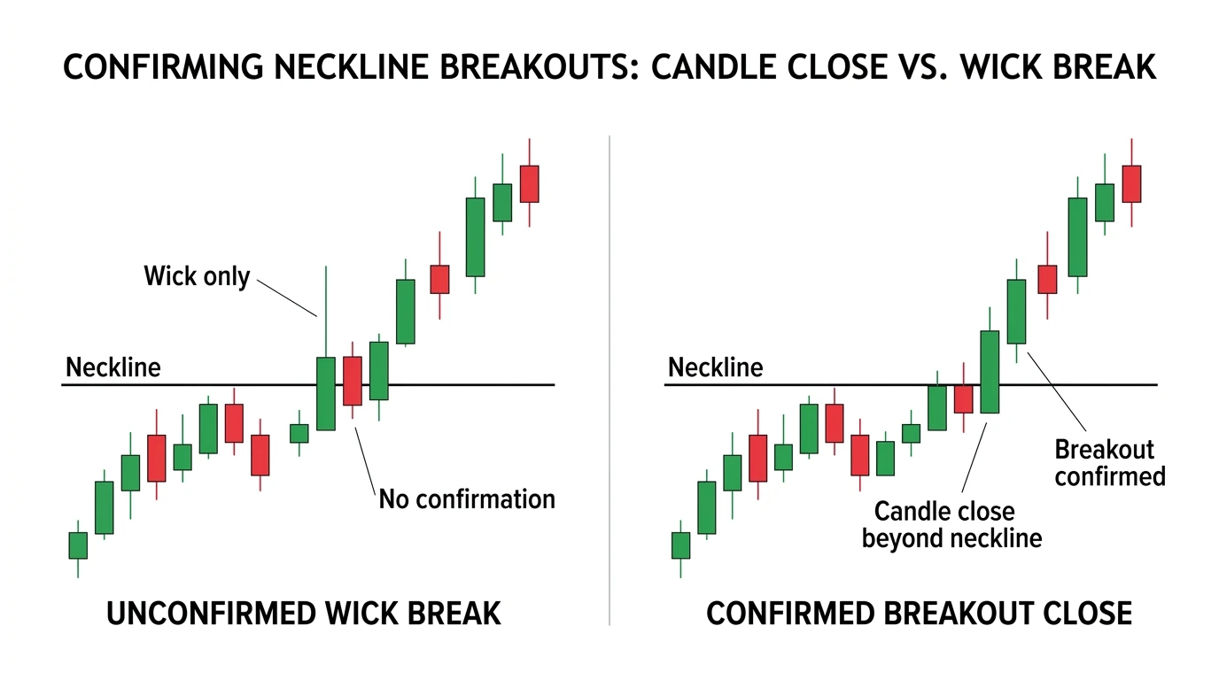 Chart example showing the difference between a wick beyond the neckline and a confirmed candle close beyond the neckline