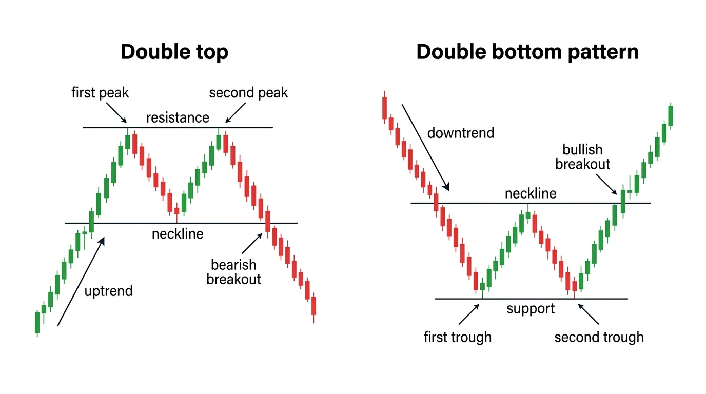 Double top and double bottom chart pattern comparison showing M shape, W shape, neckline, support, resistance, and breakout direction